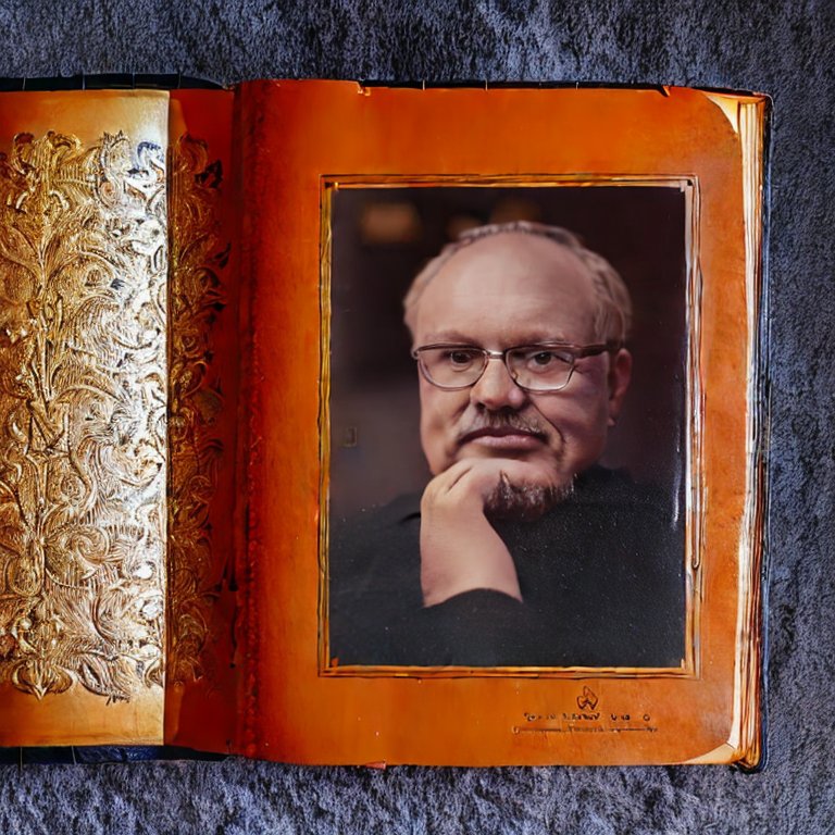 Переплетённая в кожу книга с фотографией писателя на обложке